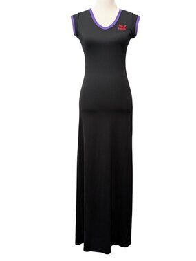 Puma x Dua Lipa NWT Women Sz XS Black Purple Trim Short Sleeve Fitted Maxi Dress